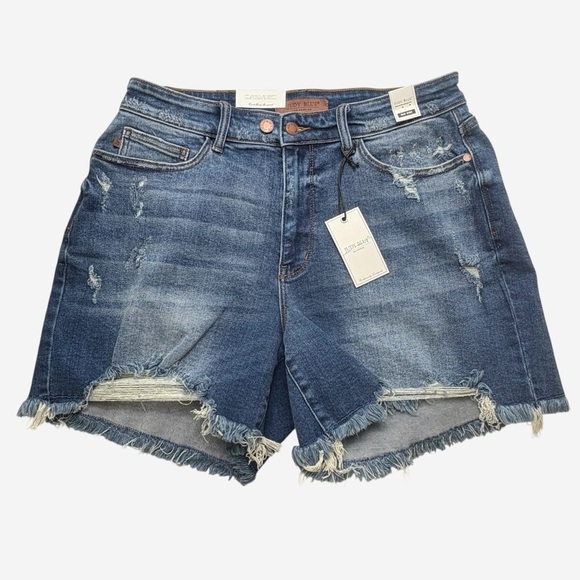 Judy Blue Pants - Judy Blue 2-Button Dad Shorts Size XL Distressed Medium Wash Stretch 152103